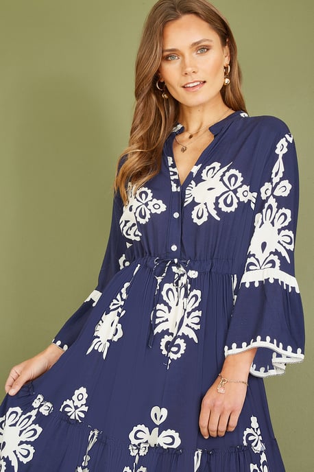 Navy Viscose Midi Dress With Long Sleeves
