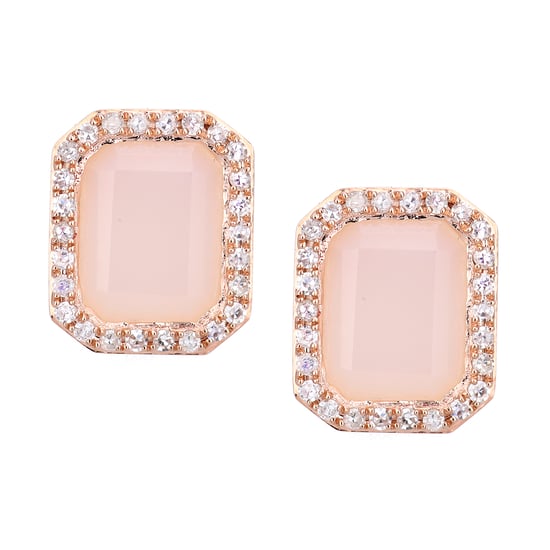 9ct Rose Gold Diamond and Pink Opal Rectangular Cut Stud Earrings
