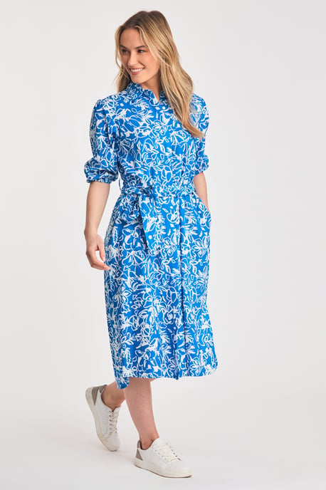Blue Floral Print Short Sleeve Midi Shirt Dress - Image 1