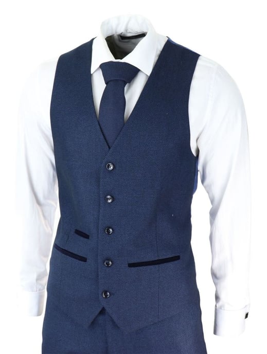 Traje clásico de tweed azul marino de tres piezas con diseño de ojo de pájaro para hombre - Image 4