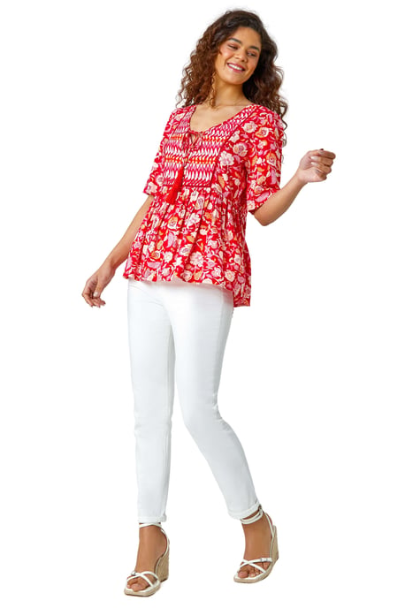 Floral Border Tie V-Neck Smock Top
