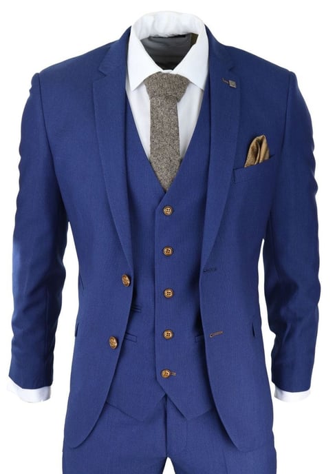 Traje clásico de tres piezas con diseño de ojo de pájaro en azul real para hombre - Image 1
