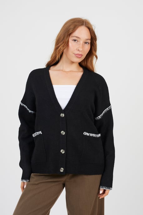 Black Contrast Stitch Button Through V-Neck Cardigan