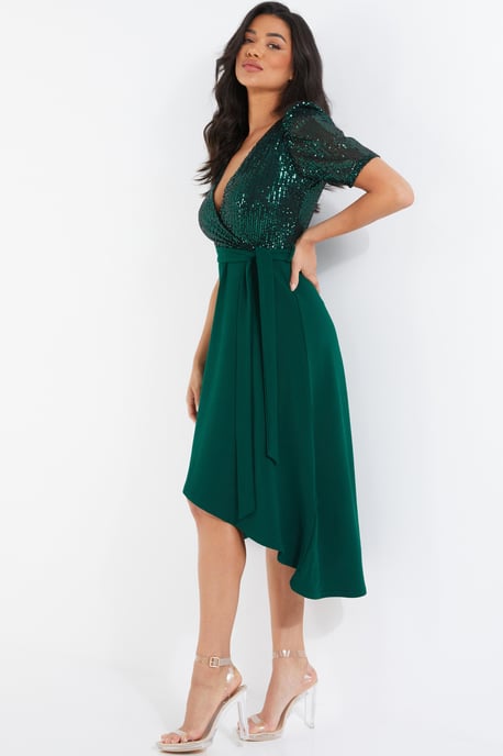 Bottle Green Sequin Wrap Dip Hem Midi Dress