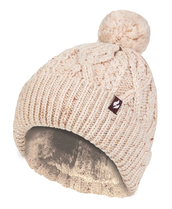 Gorro de mujer con forma de pompón | Calentador | Gorro de punto grueso y cálido con forro polar Heatweaver | Estilo Salzburgo - Natural - Image 1
