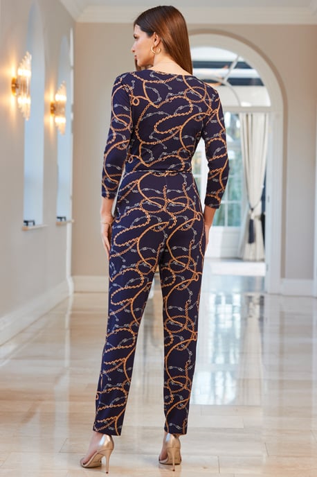 Navy Blue Chain Print Wrap Front Tapered Leg Jumpsuit