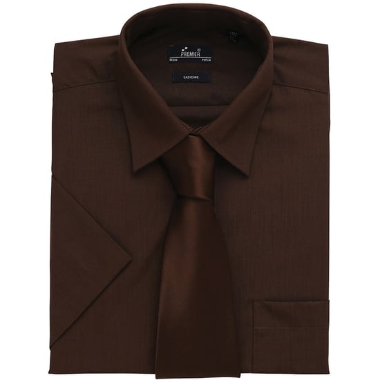 Premier Mens Short Sleeve Formal Poplin Plain Work Shirt (Brown) - Image 2