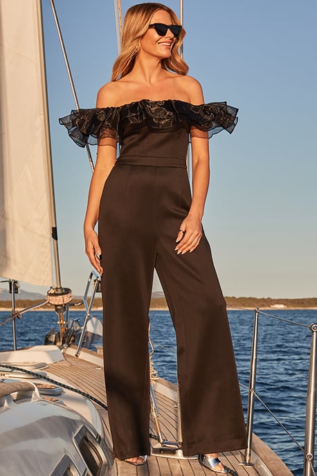 Black Organza Ruffle Wide Leg Bardot Jumpsuit
