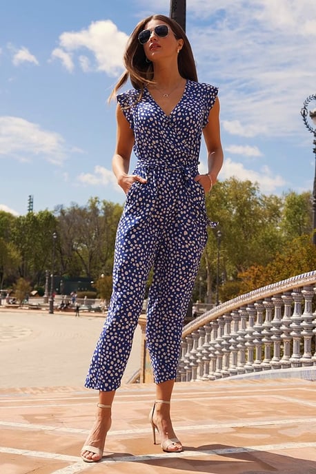 Blue & White Spot Print Ruffle Shoulder Jumpsuit