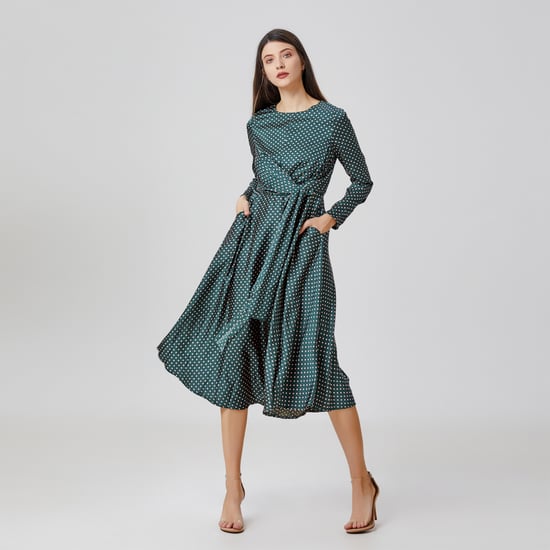 Flared printed satin dress with side knotted panel - Image 1