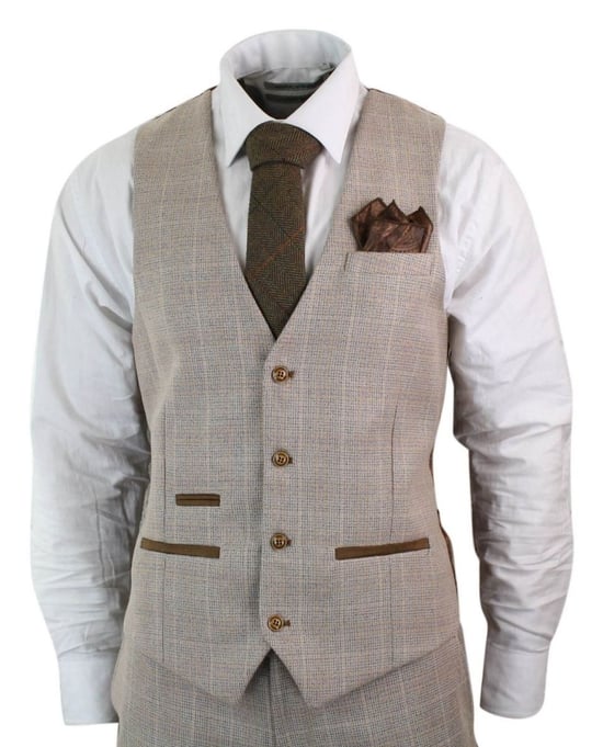 Traje retro vintage de tweed beige a cuadros para hombre de 3 piezas - Image 2