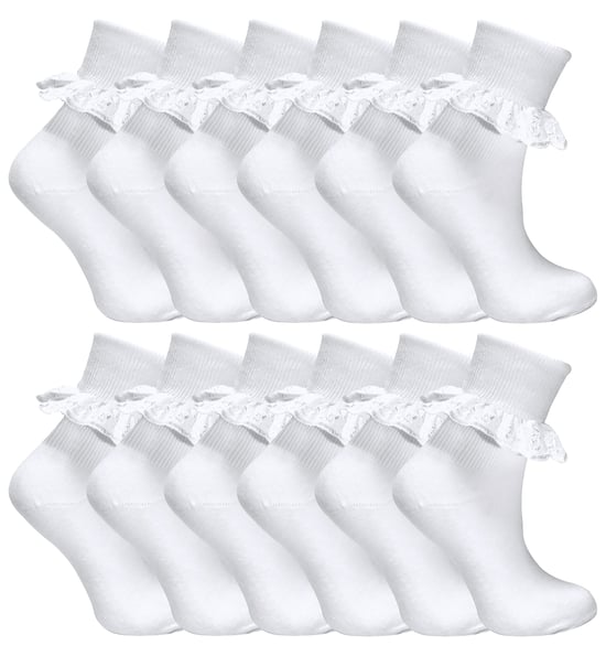 12 Pares Multipack Calcetines de Encaje Blancos con Volantes | 7 Tallas | Snob de Calcetines | Calcetines Escolares de Algodón para Niñas - Blanco - Image 1
