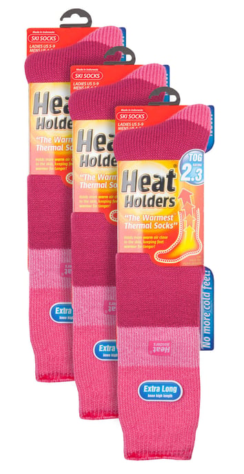 Heat Holders - 3 Pack Ladies Thermal Knee High Ski Socks | WoMens Thick Winter 2.3 TOG Long Skiing Socks - Frambuesa / Rosa Claro - Image 2
