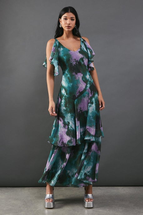 Abstract Strappy Chiffon Tendril Layer Midi Dress - Image 1