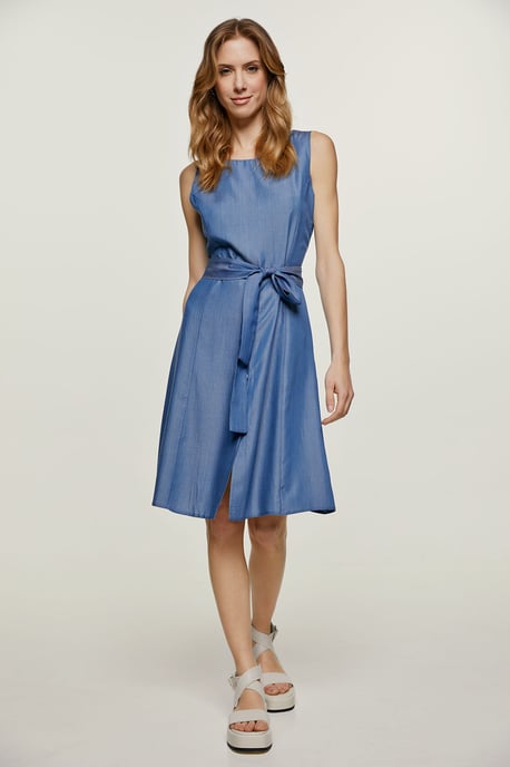 Sleeveless Dress with Belt and Button Detail