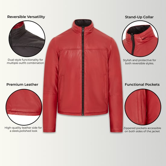 Mens Red Reversible Bomber Leather Jacket - Raufoss