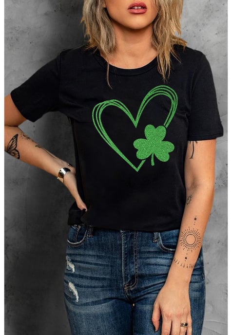 Camiseta de Manga Corta con Estampado de Corazones para Mujer en Negro - Image 1
