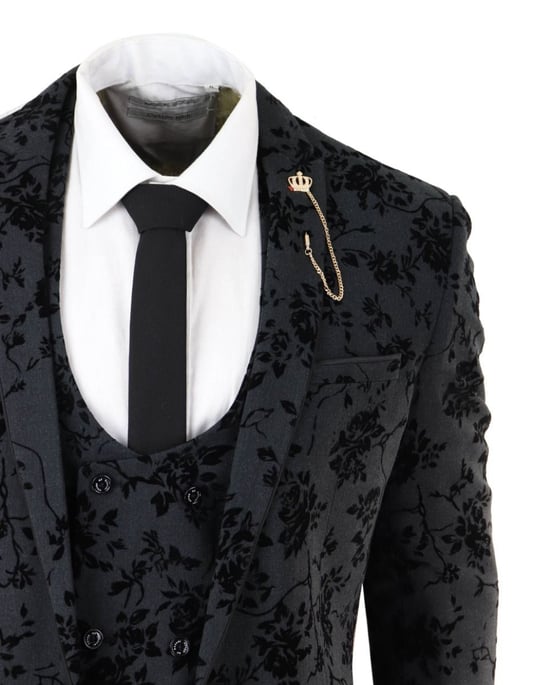 Traje de cena de tres piezas de terciopelo con estampado de cachemira negro para hombre - Image 6