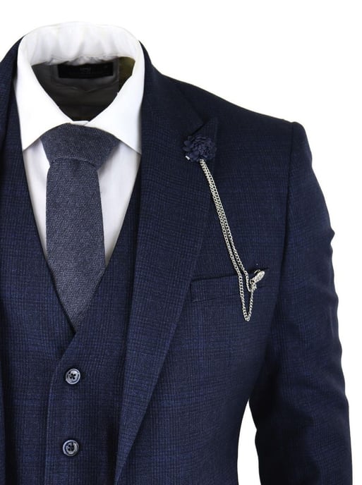 Traje clásico retro de tweed a cuadros azul marino de 3 piezas para hombre - Image 6