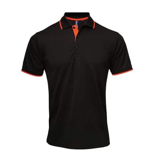 Premier Mens Coolchecker Contrast Pique Polo Shirt (Black/Orange) - Image 1