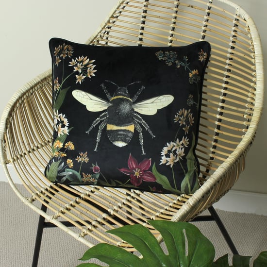Evans Lichfield Midnight Garden Bee Piped Floral Square Feather Filled Cushion