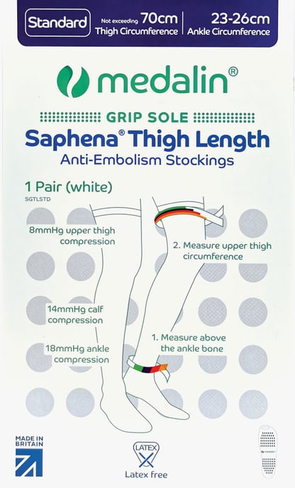 Medalin Saphena - 2 Pack Non Slip Thigh High Anti-Embolism Stockings with Medical Graduated Compression Class 1 - White - Image 2