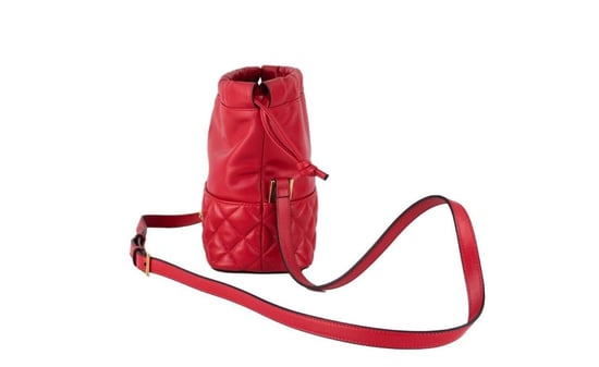 Versace Women's Red Quilted Leather Drawstring Shoulder Bag Bucket Crossbody Handbag