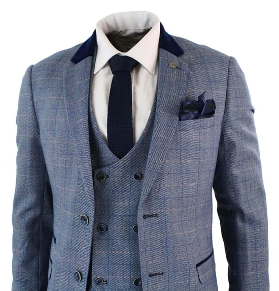 Traje de tres piezas de cuadros en espiga azul y gris para hombre - Image 3