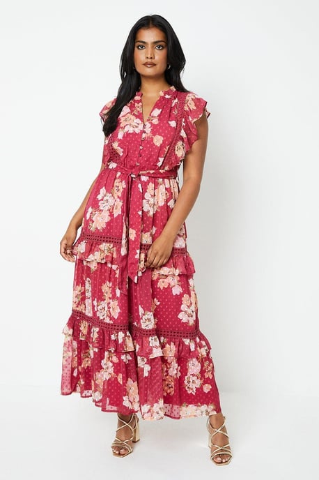 Floral Dobby Chiffon Trim Belted Midi Dress