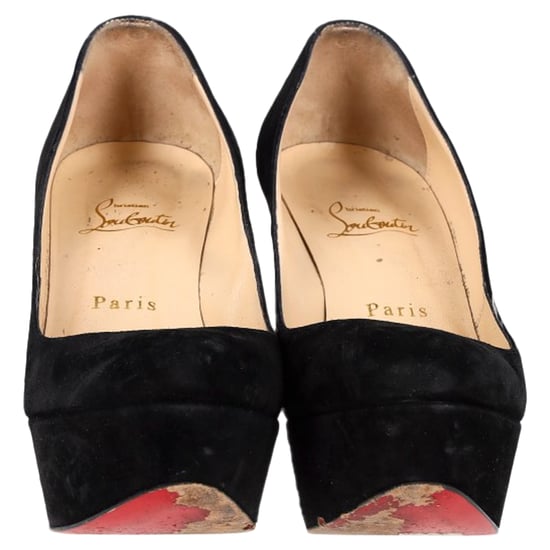 Christian Louboutin Round Toe Chunky Heel Platform Pumps in Black Suede - Image 2
