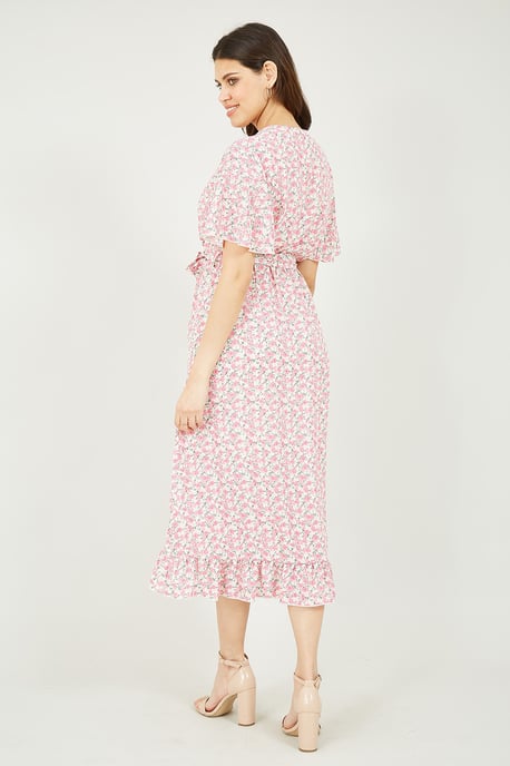 Mela Pink Ditsy Floral Wrap Midi Dress