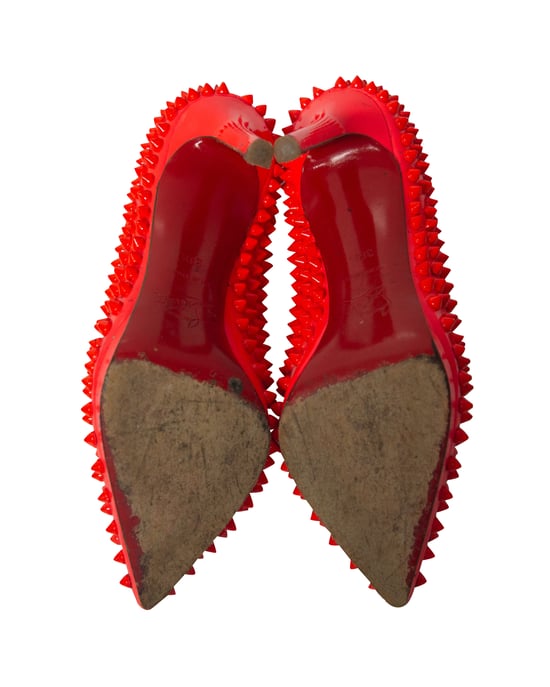 Christian Louboutin Pigalle Plato 120 Spiked Heels in Neon Red Patent Leather - Image 6