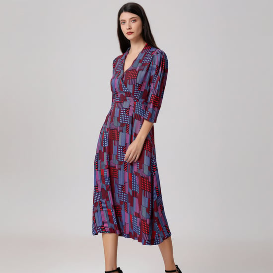 Graphic Print V Neckline Midi Wrap Dress - Image 2