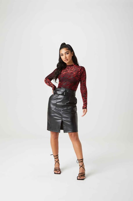 Black PU Belted Midi Skirt