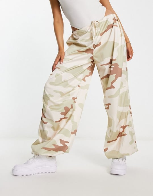 ASOS DESIGN satin parachute trouser in camo-Multi