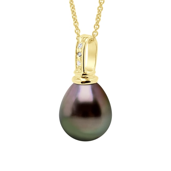 Pendant Prestige Yellow Gold 375 & Diamond 0.03 Cts - Real Cultured Tahiti Pearl Pear 10-11 mm