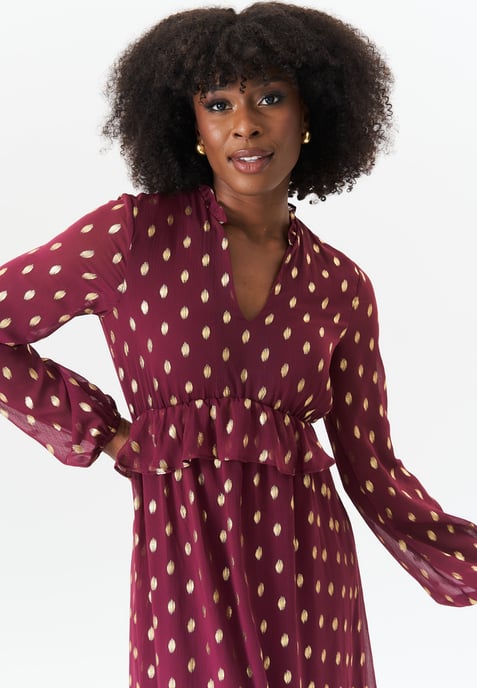 Foil Print Ruffle Midi Dress