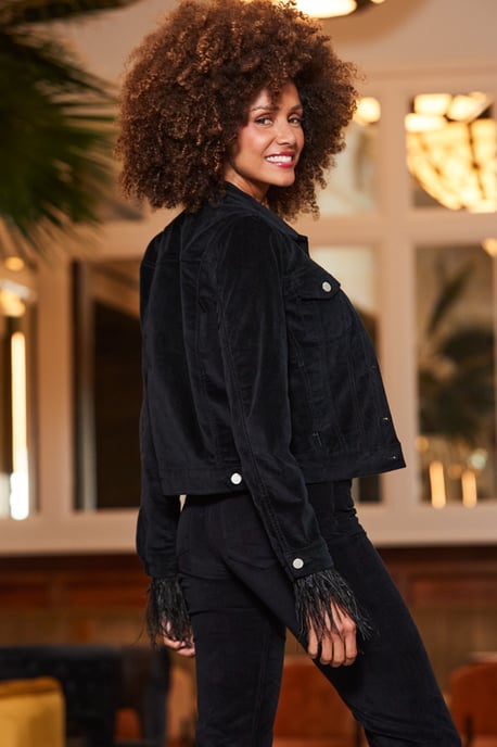 Black Velvet Denim Jacket With Feather Trim