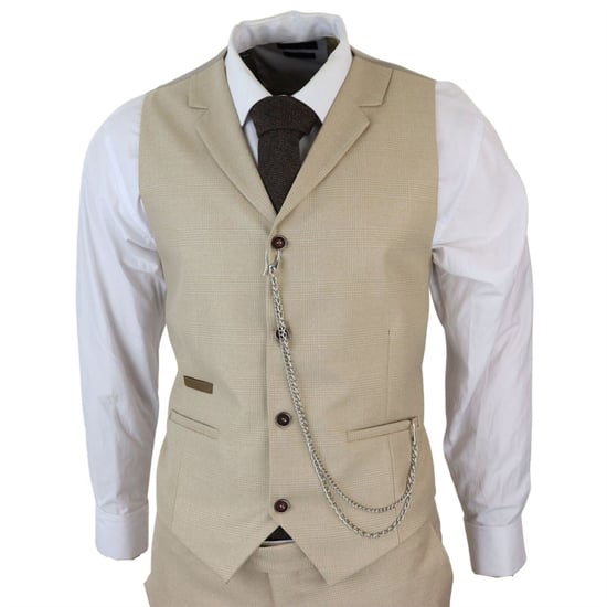 Traje de tres piezas de cuadros Príncipe de Gales color crema para hombre - Image 4