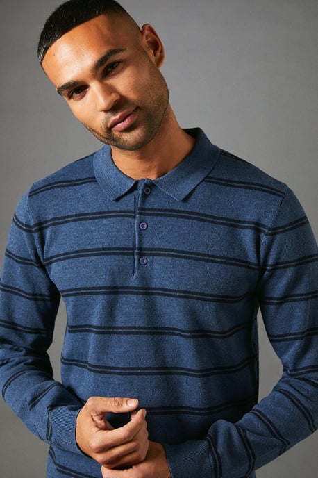 Stripe Long Sleeve Knitted Polo