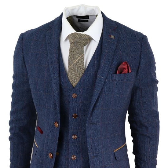Traje de 3 piezas de tweed azul a cuadros para hombre - Image 3