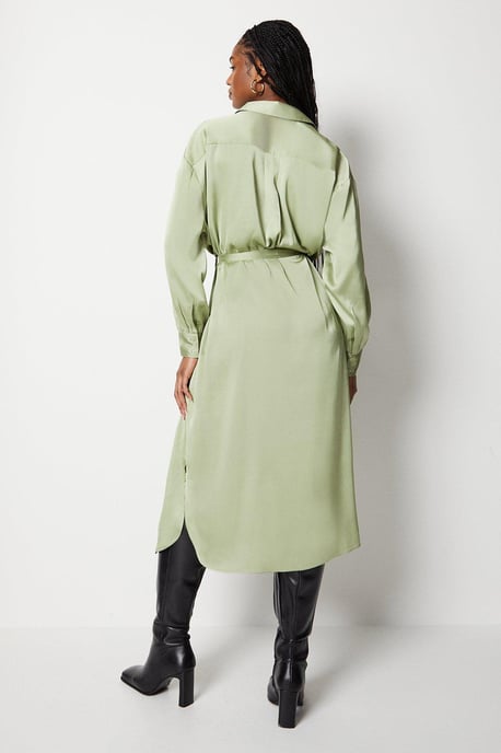 Satin Midi Belted Shirt Dress