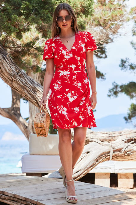 Red Floral Print Button Detail Faux Wrap Dress