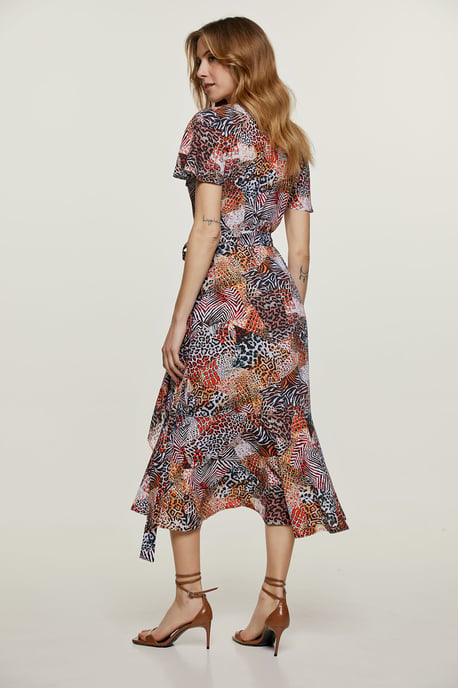 Orange Animal Print Ruffle Detail Wrap Dress
