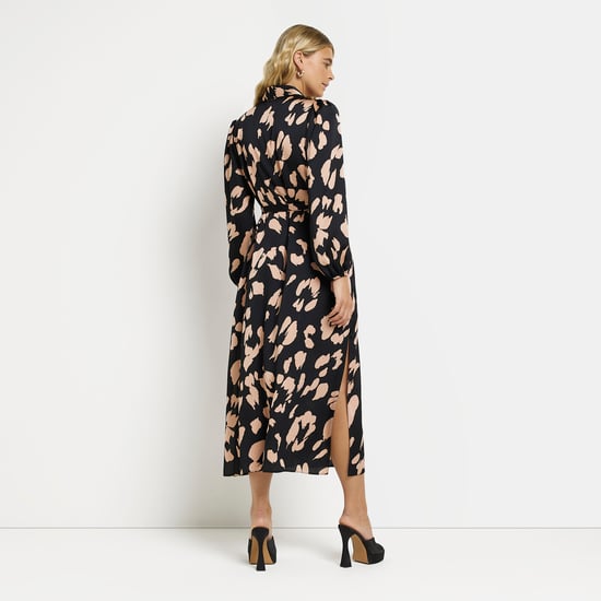 River Island Womens Midi Shirt Dress Black Satin Animal Print