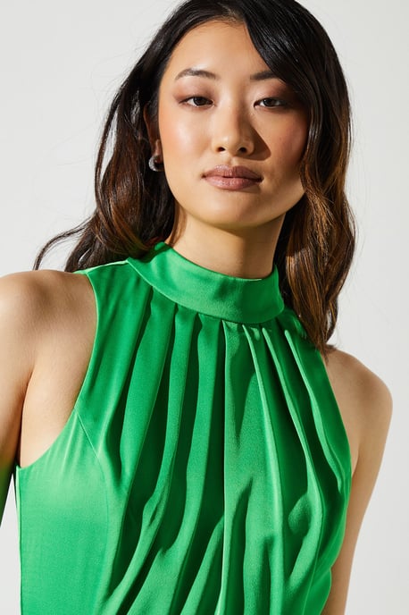 Sleeveless Ruffle Pleat Satin Back Crepe Dress