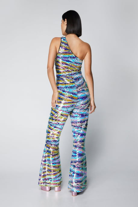 Premium Sequin Stripe One Shoulder Jumpsuit