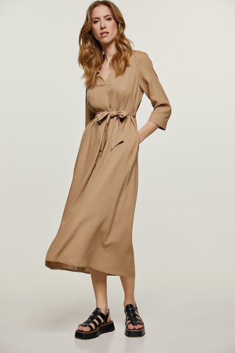 Vestido midi estilo lino beige con cinturón - Image 5