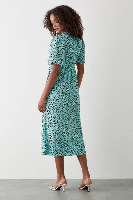 Green Animal Flutter Sleeve Shirred Waist Midi Dress - Image 3