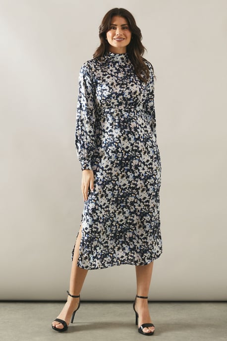Floral Print High Neck Satin Midi Dress